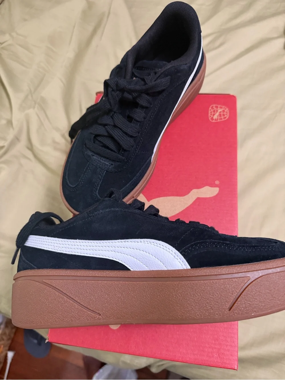Puma Black Suede Sneakers with White Formstripe and Brown Platform Sole